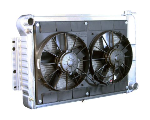 Radiator and Fan - Pro-Series - 27.5 in W x 18.5 in H x 6.75 in D - Dual Fans - Driver Side Inlet - Passenger Side Outlet - Manual Transmission - Aluminum - Natural - GM F-Body 1967-69 - Kit