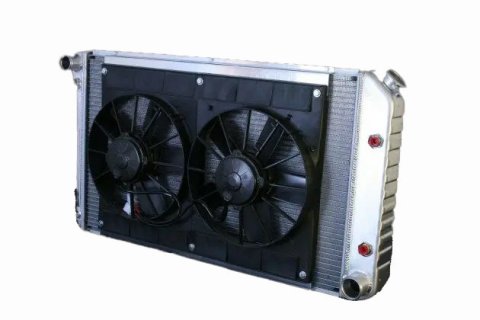 Radiator and Fan - Pro-Series - 33 in W x 18.5 in H x 6.75 in D - Dual Fans - Driver Side Inlet - Passenger Side Outlet - Automatic Transmission - Aluminum - Natural - GM A-Body 1973-77 - Kit