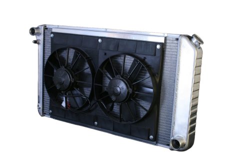 Radiator and Fan - Pro-Series - 33 in W x 18.5 in H x 6.75 in D - Dual Fans - Driver Side Inlet - Passenger Side Outlet - Manual Transmission - Aluminum - Natural - GM A-Body 1973-77 - Kit