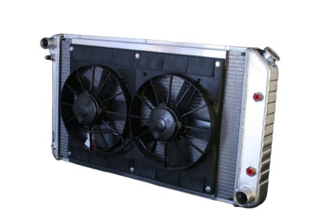 Radiator and Fan - Pro-Series - 28 in W x 18.5 in H x 6.75 in D - Dual Fans - Driver Side Inlet - Passenger Side Outlet - Automatic Transmission - Aluminum - Natural - GM X-Body 1973-74 - Kit
