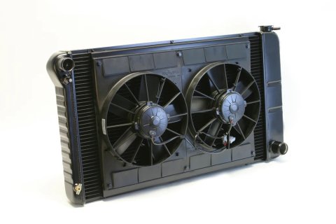 Radiator and Fan - Pro-Series - 33 in W x 18.5 in H x 6.75 in D - Dual Fans - Driver Side Inlet - Passenger Side Outlet - Manual Transmission - Aluminum - Black Paint - GM A-Body 1968-72 - Kit