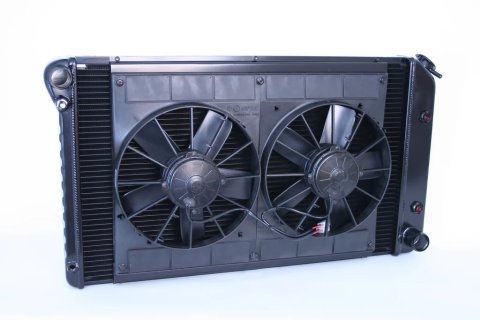 Radiator and Fan - Pro-Series - 31 in W x 18.5 in H x 3.25 in D - Dual Fans - Driver Side Inlet - Passenger Side Outlet - Automatic Transmission - Aluminum - Black Paint - GM F-Body 1970-81 - Kit