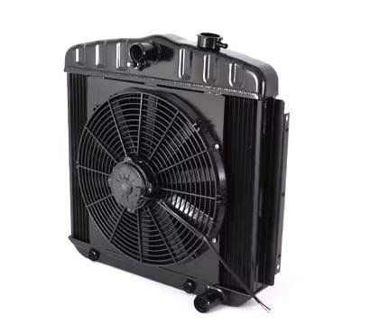 Radiator and Fan - Pro-Series - 22 in W x 21.25 in H x 5.5 in D - Center Inlet - Passenger Side Outlet - Automatic Transmission - Aluminum - Black Paint - Chevy Fullsize Car 1955-57 - Kit