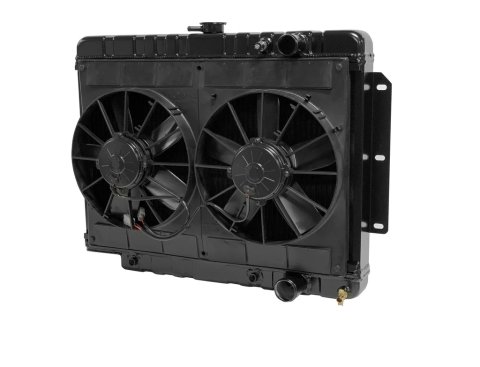 Radiator and Fan - Pro-Series - 28 in W x 20.5 in H x 3 in D - Dual Fans - Passenger Side Inlet - Passenger Side Outlet - Automatic Transmission - Aluminum - Black Paint - GM B-Body 1959-64 - Kit