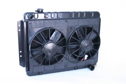 Radiator and Fan - Pro-Series - 25.5 in W x 20 in H x 6.75 in D - Dual Fans - Driver Side Inlet - Passenger Side Outlet - Automatic Transmission - Aluminum - Black Paint - GM B-Body 1965-70 - Kit