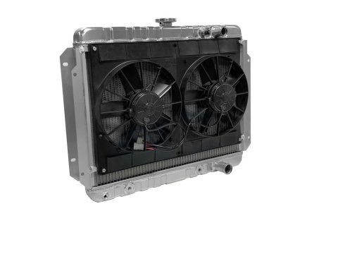 Radiator and Fan - LSX Conversion - 25.5 in W x 22.25 in H x 6.8 in D - Dual Fans - Passenger Side Inlet - Passenger Side Outlet - Automatic Transmission - Aluminum - Natural - GM B-Body 1965-70 - Kit