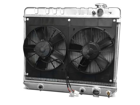 Radiator and Fan - LSX Conversion - 25.5 in W x 22.75 in H x 6.75 in D - Dual Fans - Passenger Side Inlet - Passenger Side Outlet - Automatic Transmission - Aluminum - Natural - GM Fullsize Truck 1963-66 - Kit