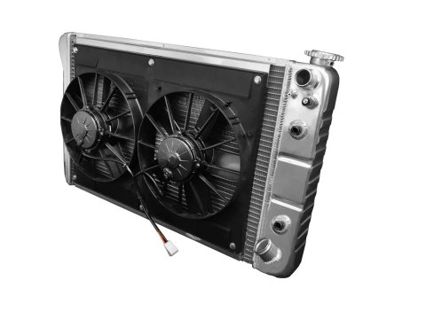 Radiator and Fan - LSX Conversion - 33 in W x 18.5 in H x 6.75 in D - Dual Fans - Passenger Side Inlet - Passenger Side Outlet - Automatic Transmission - Aluminum - Natural - GM Fullsize Truck 1967-72 - Kit