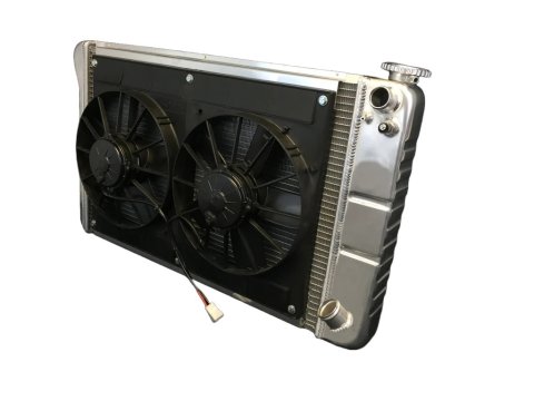 Radiator and Fan - LSX Conversion - 33 in W x 18.5 in H x 6.75 in D - Dual Fans - Passenger Side Inlet - Passenger Side Outlet - Manual Transmission - Aluminum - Natural - GM Fullsize Truck 1967-72 - Kit