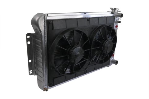 Radiator and Fan - LSX Conversion - 27.5 in W x 18.5 in H x 6.75 in D - Dual Fans - Passenger Side Inlet - Passenger Side Outlet - Automatic Transmission - Aluminum - Natural - GM F-Body 1967-69 - Kit