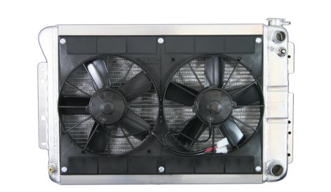 Radiator and Fan - LSX Conversion - 27.5 in W x 18.5 in H x 6.75 in D - Dual Fans - Passenger Side Inlet - Passenger Side Outlet - Manual Transmission - Aluminum - Natural - GM F-Body 1967-69 - Kit