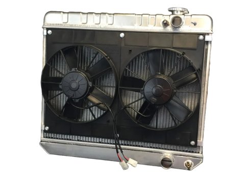 Radiator and Fan - LSX Conversion - 28 in W x 18.5 in H x 3.25 in D - Dual Fans - Passenger Side Inlet - Passenger Side Outlet - Manual Transmission - Aluminum - Natural - GM X-Body 1973-74 - Kit