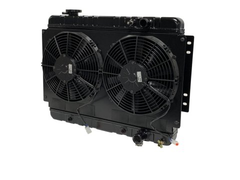 Radiator and Fan - LSX Conversion - 33 in W x 18.5 in H x 3.25 in D - Dual Fans - Passenger Side Inlet - Passenger Side Outlet - Automatic Transmission - Aluminum - Black Paint - GM A-Body 1968-72 - Kit