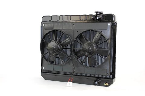 Radiator and Fan - LSX Conversion - 25.5 in W x 20.5 in H x 6.75 in D - Dual Fans - Passenger Side Inlet - Passenger Side Outlet - Manual Transmission - Aluminum - Black Paint - GM X-Body 1962-67 - Kit