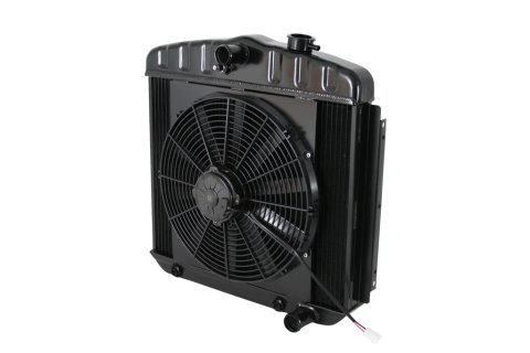 Radiator and Fan - LSX Conversion - 22 in W x 21.25 in H x 3.25 in D - Center Inlet - Passenger Side Outlet - Automatic Transmission - Aluminum - Black Paint - Chevy Fullsize Car 1955-57 - Kit