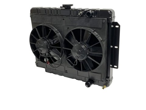 Radiator and Fan - LSX Conversion - 28 in W x 20.5 in H x 3 in D - Dual Fans - Passenger Side Inlet - Passenger Side Outlet - Manual Transmission - Aluminum - Black Paint - GM B-Body 1959-64 - Kit