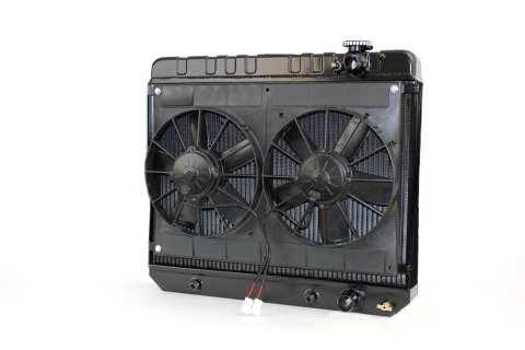 Radiator and Fan - LSX Conversion - 25.5 in W x 22.75 in H x 6.75 in D - Dual Fans - Passenger Side Inlet - Passenger Side Outlet - Automatic Transmission - Aluminum - Black Paint - GM Fullsize Truck 1963-66 - Kit