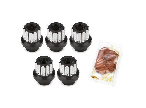 Lug Nut - Shank - 12 mm x 1.5 Thread - 0.400 in Length Shank - Open End - 12 Point - Aluminum - Black / Silver Machined - Set of 5