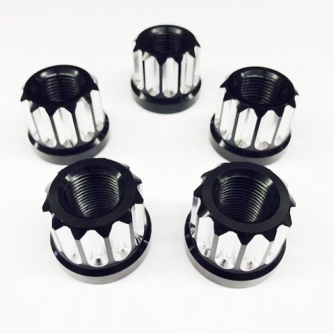 Lug Nut - Flat - 5/8-18 in Thread - Open End - 12 Point - Aluminum - Black / Silver Machined - Set of 5