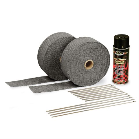 Exhaust Wrap Kit - Automotive - 2 in Wide - Two 50 ft Rolls - Silicone Coating - Stainless Locking Ties - Woven Fiberglass - Black - Kit