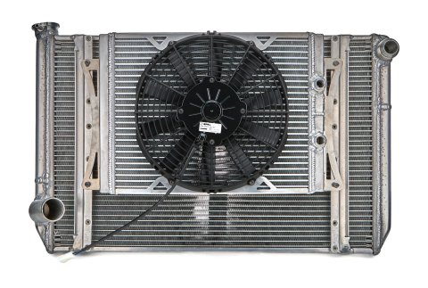 Radiator and Fan - 28.875 in W x 18 in H x 2 in D - Triple Pass - Driver Side Inlet - Passenger Side Outlet - Aluminum - Natural - Ford - Super Late Model - Kit