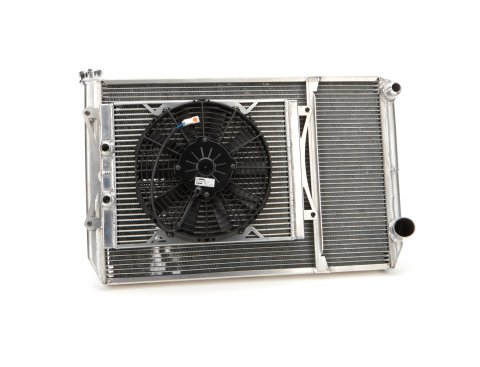 Radiator and Fan - 29 in W x 18.25 in H x 2 in D - Dual Pass - Passenger Side Inlet - Passenger Side Outlet - Aluminum - Natural - Kit