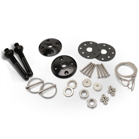Hood Pin - 0.5 in OD x 4 in Long - 2.5 in OD Scuff Plates - Torsion Clips - Hardware Included - Aluminum - Black Anodized - Kit