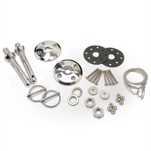 Hood Pin - 0.5 in OD x 4 in Long - 2.5 in OD Scuff Plates - Torsion Clips - Hardware Included - Aluminum - Polished - Kit