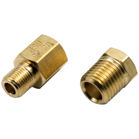 Fitting - Adapter - Straight - One 1/8 in NPT Female to 1/4 in NPT Male - One 1/8 in NPT Female to 1/8 in BSPT Male - Brass - Natural - Oil Pressure Fittings - Kit