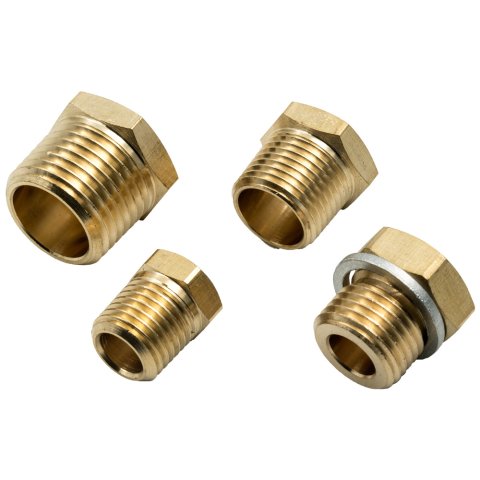 Fitting - Adapter - Straight - One 1/8 in NPT Female to 3/8 in NPT Male - One 1/8 in NPT Female to 1/2 in NPT Male - One 1/8 in NPT Female to 1/4 in NPT Male - One 1/8 in NPT Female to 16 mm x 1.50 Male - Brass - Natural - Kit