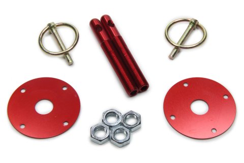 Hood Pin - 0.375 in OD x 3 in Long - 2.125 in OD Scuff Plates - Torsion Clips - Hardware Included - Aluminum - Red Anodized - Kit