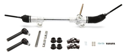 Rack and Pinion - Low Profile - Manual - 5.75 in Travel - 44 in Long - Bushings / Joints / Tie Rod Ends / Shafts / Hardware - Aluminum - Chrome - Ford Mustang 1979-93 - Kit