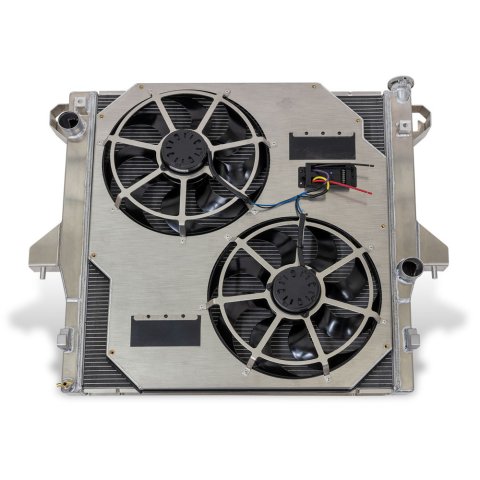 Radiator and Fan - 32.37 in W x 30.25 in H x 6.8 in D - Dual Fans - Driver Side Inlet - Passenger Side Outlet - Aluminum - Natural - Dodge Cummins - 2500 / 3500 - Dodge Ram Fullsize Truck 2003-09 - Kit