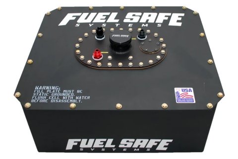 Fuel Cell and Can - Sportsman - 18 gal - 33.5 x 20 x 6.5 in Tall - 6 AN Male Outlet / Return - 8 AN Male Vent - Foam - Steel - Black Powder Coat - Each