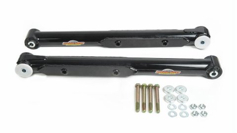 Trailing Arm - Rear - Lower - Tubular - Aluminum / Plastic Bushing / Spherical Bearing - Steel - Black Powder Coat - GM A-Body 1964-72 - Pair