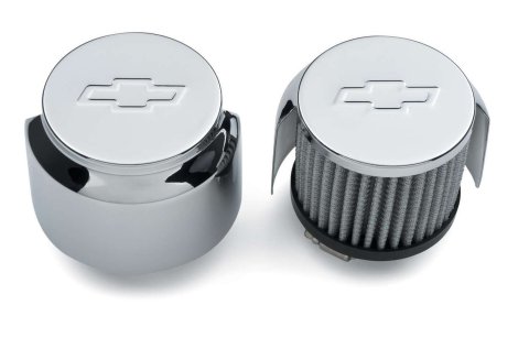 Breather - Clamp-On - Round - 1-3/8 in OD Tube - Filtered - Half Shielded - Chevy Bowtie Logo - Steel - Chrome - Pair