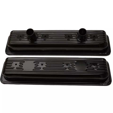 Valve Cover - Circle Track - Stock Height - Ribbed - Breather Tubes - Steel - Black Paint - Center Bolt - Small Block Chevy - Pair