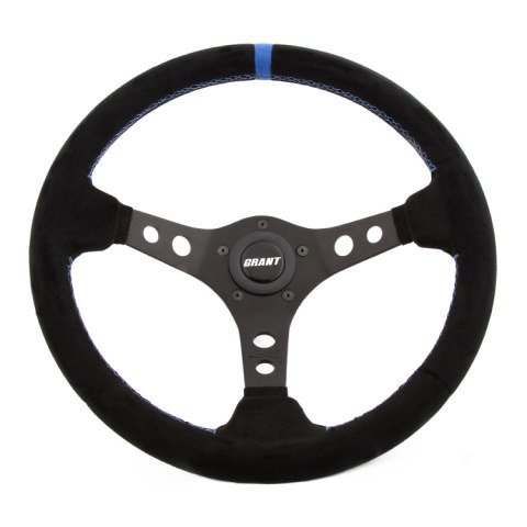 Steering Wheel - Suede Series - 13.75 in Diameter - 3.5 in Dish - 3-Spoke - Black Suede Grip - Blue Stripe - Aluminum - Black Anodized - Each