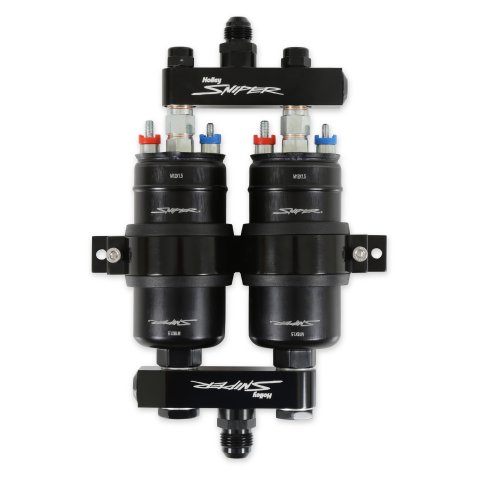 Fuel Pump - Sniper - Electric - Dual Pump - In-Line - 3.5 gpm - 10 AN O-Ring Male Inlet - 8 AN O-Ring Male Outlet - Bracket Included - Aluminum - Black Anodized - Gas / E85 - Each