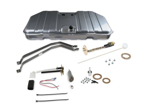 Fuel Tank - Snipe EFI - 18 gal - 400 lph Pump - 1/4 in NPT Outlet - 1/4 in NPT Return - Sending Unit - Steel - Silver Powder Coat - GM F-Body 1967-68 - Kit
