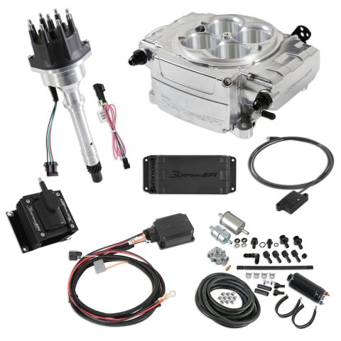 Fuel Injection - Sniper 2 EFI - Throttle Body - Square Bore - Computer / Distributor / Fuel Pump / Fuel Pressure Regulator / Fittings / Ignition Coil / Wiring - Silver - Small Block Chevy - Kit