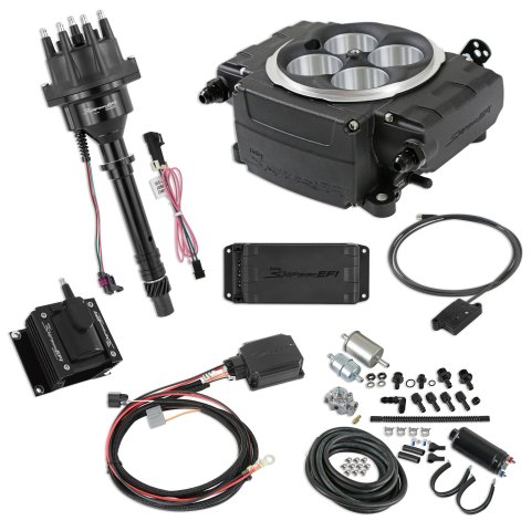 Fuel Injection - Sniper 2 EFI - Throttle Body - Square Bore - Computer / Distributor / Fuel Pump / Fuel Pressure Regulator / Fittings / Ignition Coil / Wiring - Black - Small Block Chevy - Kit