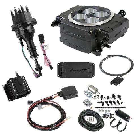 Fuel Injection - Sniper 2 EFI - Throttle Body - Square Bore - Computer / Distributor / Fuel Pump / Fuel Pressure Regulator / Fittings / Ignition Coil / Wiring - Black - Small Block Ford - Kit