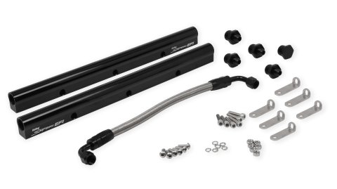 Fuel Rail - Sniper EFI - 8 AN Female O-Ring Inlets - 8 AN Female O-Ring Outlets - Aluminum - Black Anodized - Hardware Included - Holley LS3 / L92 Intakes - GM LS-Series - Kit