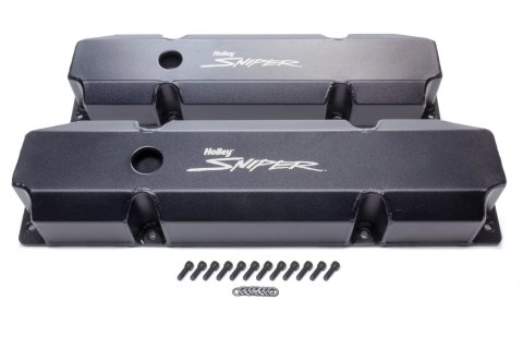 Valve Cover - Sniper - Tall - Baffled - Breather Holes - Sniper Logo - Fabricated Aluminum - Black Powder Coat - Mopar B / RB-Series - Pair