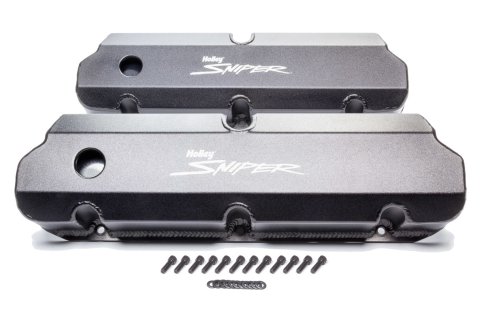 Valve Cover - Sniper - Tall - Baffled - Breather Holes - Sniper Logo - Fabricated Aluminum - Black Powder Coat - Small Block Ford - Pair