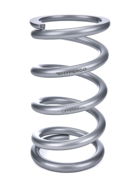 Coil Spring - Conventional - 5 in OD - 9.5 in Length - 500 lb/in Spring Rate - Front - Steel - Silver Powder Coat - Each