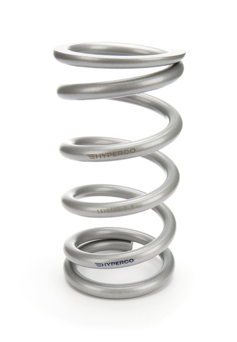 Coil Spring - Conventional - 5 in OD - 9.9 in Length - 500 lb/in Spring Rate - Front - Steel - Silver Powder Coat - Each