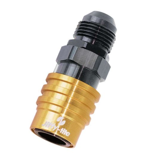 Quick Release Adapter - 2000 Series - Straight - 6 AN Male to Quick Release Socket - Valved - FKM Seal - Aluminum - Black / Gold Anodized - Each