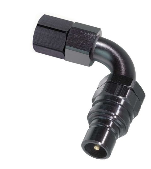 Fitting - Quick Disconnect - 3000 Series - 90 Degree - 8 AN Female to Valve Male Quick Disconnect - Aluminum - Black Anodized - Each
